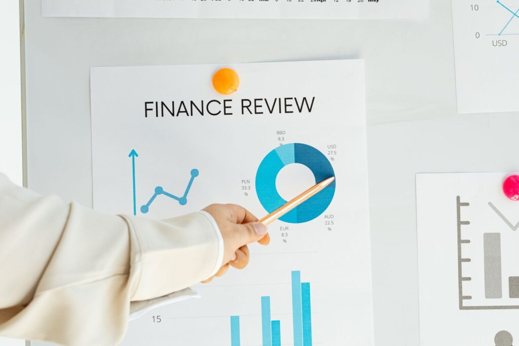 Close-up of hand pointing at finance report with charts and graphs on paper.